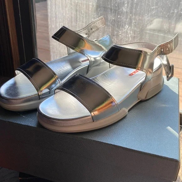 Prada | Shoes | Prada Silver Sport Sandals | Poshmark
